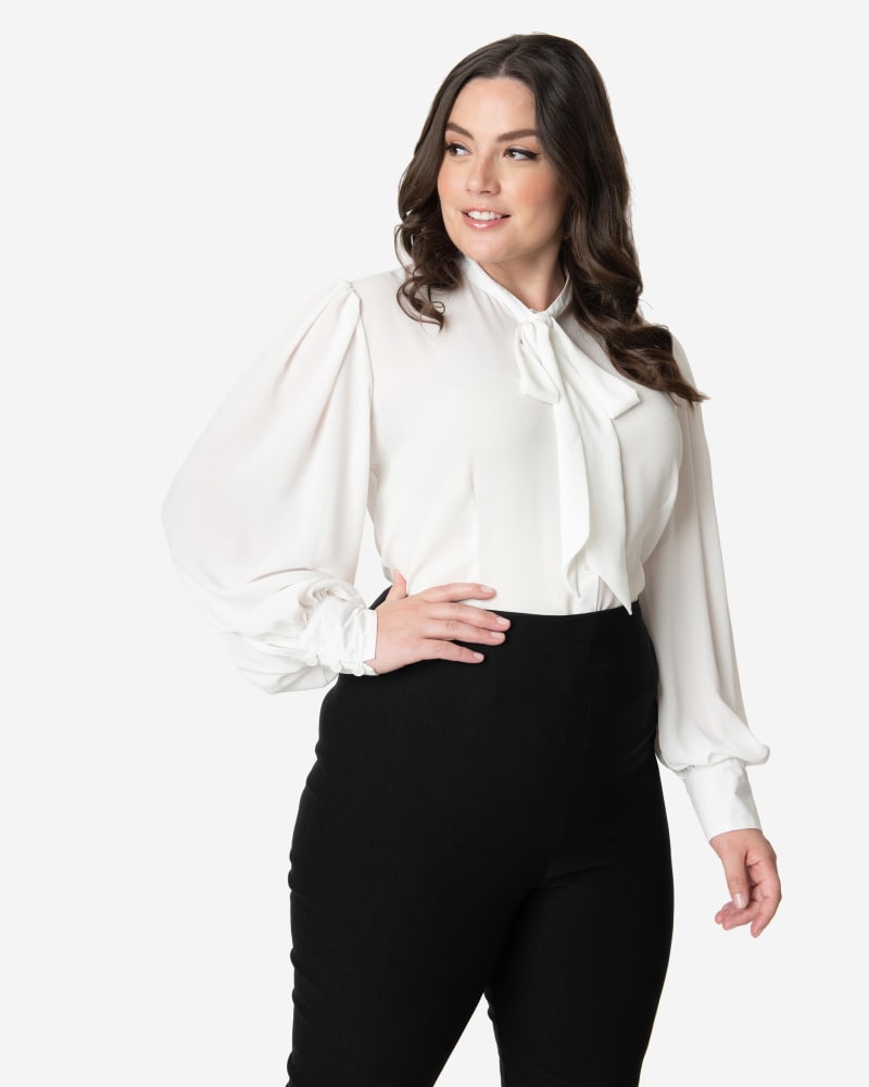 Front of a model wearing a size 3X/20 Unique Vintage Plus Size White Neck Tie Gwen Blouse in White by Unique Vintage. | dia_product_style_image_id:270025